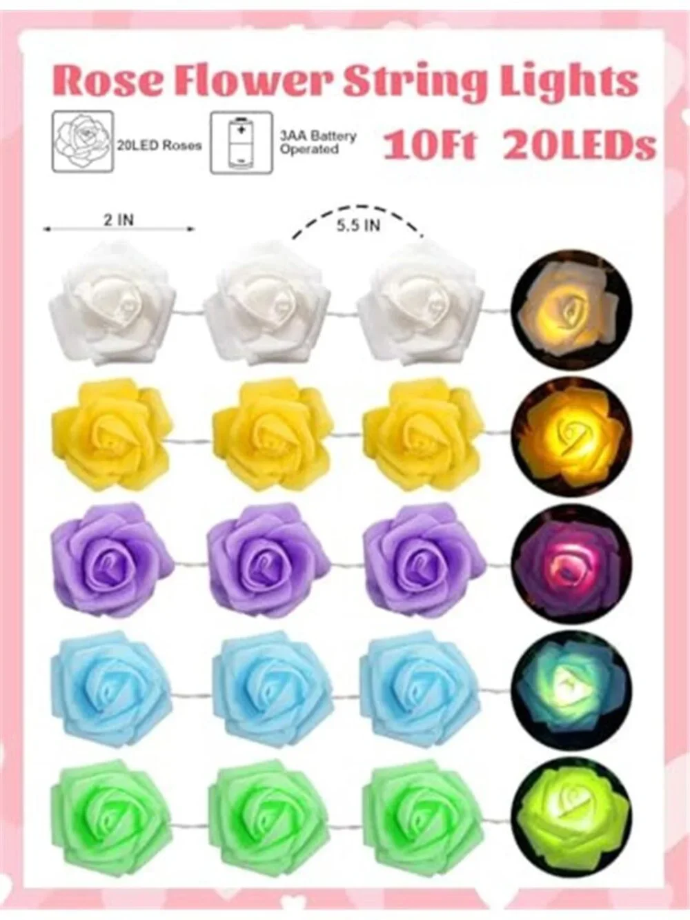 Yellow Rose LED String Lights Battery Operated Fairy Lights Romantic Decor 10Ft